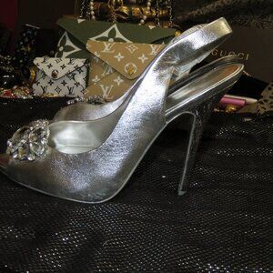 Jessica Simpson Silver Crystal Slingback Stiletto Heels